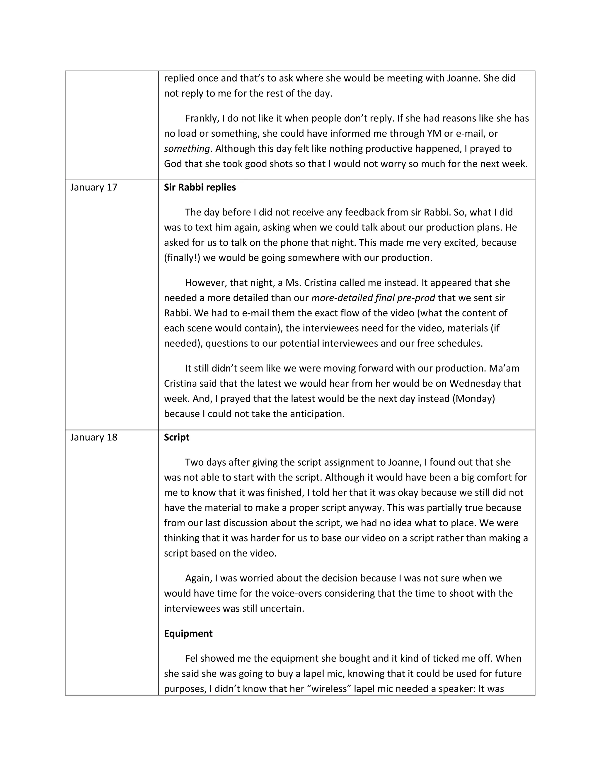 replied once and that’s to ask where she would be meeting with Joanne. She did
             not reply to me for the rest of the day.

                  Frankly, I do not like it when people don’t reply. If she had reasons like she has
             no load or something, she could have informed me through YM or e-mail, or
             something. Although this day felt like nothing productive happened, I prayed to
             God that she took good shots so that I would not worry so much for the next week.

January 17   Sir Rabbi replies

                   The day before I did not receive any feedback from sir Rabbi. So, what I did
             was to text him again, asking when we could talk about our production plans. He
             asked for us to talk on the phone that night. This made me very excited, because
             (finally!) we would be going somewhere with our production.

                 However, that night, a Ms. Cristina called me instead. It appeared that she
             needed a more detailed than our more-detailed final pre-prod that we sent sir
             Rabbi. We had to e-mail them the exact flow of the video (what the content of
             each scene would contain), the interviewees need for the video, materials (if
             needed), questions to our potential interviewees and our free schedules.

                   It still didn’t seem like we were moving forward with our production. Ma’am
             Cristina said that the latest we would hear from her would be on Wednesday that
             week. And, I prayed that the latest would be the next day instead (Monday)
             because I could not take the anticipation.

January 18   Script

                  Two days after giving the script assignment to Joanne, I found out that she
             was not able to start with the script. Although it would have been a big comfort for
             me to know that it was finished, I told her that it was okay because we still did not
             have the material to make a proper script anyway. This was partially true because
             from our last discussion about the script, we had no idea what to place. We were
             thinking that it was harder for us to base our video on a script rather than making a
             script based on the video.

                  Again, I was worried about the decision because I was not sure when we
             would have time for the voice-overs considering that the time to shoot with the
             interviewees was still uncertain.

             Equipment

                  Fel showed me the equipment she bought and it kind of ticked me off. When
             she said she was going to buy a lapel mic, knowing that it could be used for future
             purposes, I didn’t know that her “wireless” lapel mic needed a speaker: It was
 