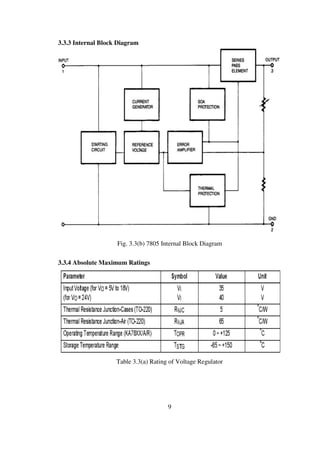 3.3.3 Internal Block Diagram
Fig. 3.3(b) 7805 Internal Block Diagram
3.3.4 Absolute Maximum Ratings
Table 3.3(a) Rating of Voltage Regulator
9
 