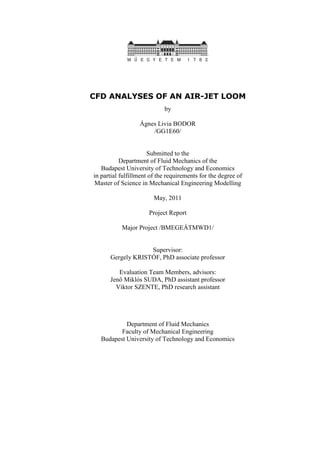 CFD analyses of an air-jet loom
i
CFD ANALYSES OF AN AIR-JET LOOM
by
Ágnes Livia BODOR
/GG1E60/
Submitted to the
Department of Fluid Mechanics of the
Budapest University of Technology and Economics
in partial fulfillment of the requirements for the degree of
Master of Science in Mechanical Engineering Modelling
May, 2011
Project Report
Major Project /BMEGEÁTMWD1/
Supervisor:
Gergely KRISTÓF, PhD associate professor
Evaluation Team Members, advisors:
Jenő Miklós SUDA, PhD assistant professor
Viktor SZENTE, PhD research assistant
Department of Fluid Mechanics
Faculty of Mechanical Engineering
Budapest University of Technology and Economics
 