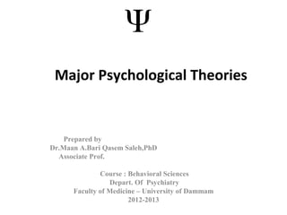 Major Psychological Theories
Prepared by
Dr.Maan A.Bari Qasem Saleh,PhD
Associate Prof.
Course : Behavioral Sciences
Depart. Of Psychiatry
Faculty of Medicine – University of Dammam
2012-2013
 