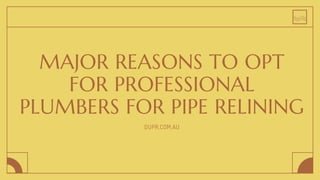 MAJOR REASONS TO OPT
FOR PROFESSIONAL
PLUMBERS FOR PIPE RELINING
DUPR.COM.AU
 
