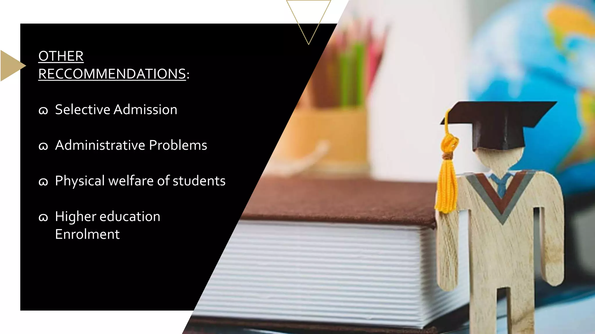 OTHER
RECCOMMENDATIONS:
ɷ Selective Admission
ɷ Administrative Problems
ɷ Physical welfare of students
ɷ Higher education
Enrolment
 