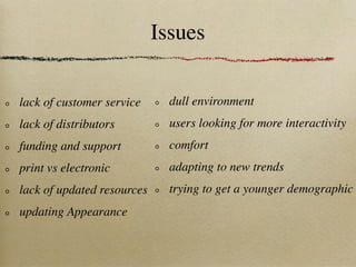 Issues


lack of customer service      dull environment
lack of distributors          users looking for more interactivity
funding and support           comfort
print vs electronic           adapting to new trends
lack of updated resources     trying to get a younger demographic
updating Appearance
 
