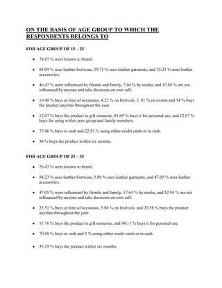 ON THE BASIS OF AGE GROUP TO WHICH THE
RESPONDENTS BELONGS TO

FOR AGE GROUP OF 15 – 25

     78.87 % were known to brand.

     83.09 % uses leather footwear, 19.71 % uses leather garments, and 35.21 % uses leather
     accessories.

     46.47 % were influenced by friends and family, 7.04 % by media, and 47.88 % are not
     influenced by anyone and take decisions on own self.

     16.90 % buys at time of occasions, 4.22 % on festivals, 2. 81 % on events and 54 % buys
     the product anytime throughout the year.

     12.67 % buys the product to gift someone, 81.69 % buys it for personal use, and 12.67 %
     buys for using within peer group and family members.

     77.46 % buys in cash and 22.53 % using either credit cards or in cash.

     38 % buys the product within six months.


FOR AGE GROUP OF 25 – 35

     76.47 % were known to brand.

     88.23 % uses leather footwear, 5.88 % uses leather garments, and 47.05 % uses leather
     accessories.

     47.05 % were influenced by friends and family, 17.64 % by media, and 52.94 % are not
     influenced by anyone and take decisions on own self.

     23.52 % buys at time of occasions, 5.88 % on festivals, and 70.58 % buys the product
     anytime throughout the year.

     11.76 % buys the product to gift someone, and 94.11 % buys it for personal use.

     70.58 % buys in cash and 5 % using either credit cards or in cash.

     35.29 % buys the product within six months.
 