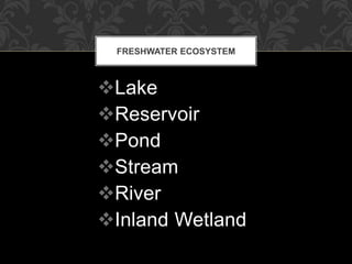 Lake
Reservoir
Pond
Stream
River
Inland Wetland
FRESHWATER ECOSYSTEM
 