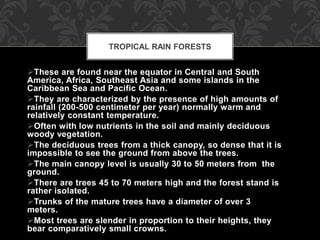 These are found near the equator in Central and South
America, Africa, Southeast Asia and some islands in the
Caribbean Sea and Pacific Ocean.
They are characterized by the presence of high amounts of
rainfall (200-500 centimeter per year) normally warm and
relatively constant temperature.
Often with low nutrients in the soil and mainly deciduous
woody vegetation.
The deciduous trees from a thick canopy, so dense that it is
impossible to see the ground from above the trees.
The main canopy level is usually 30 to 50 meters from the
ground.
There are trees 45 to 70 meters high and the forest stand is
rather isolated.
Trunks of the mature trees have a diameter of over 3
meters.
Most trees are slender in proportion to their heights, they
bear comparatively small crowns.
TROPICAL RAIN FORESTS
 