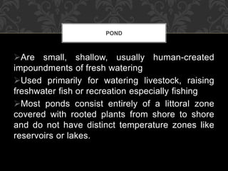 Are small, shallow, usually human-created
impoundments of fresh watering
Used primarily for watering livestock, raising
freshwater fish or recreation especially fishing
Most ponds consist entirely of a littoral zone
covered with rooted plants from shore to shore
and do not have distinct temperature zones like
reservoirs or lakes.
POND
 