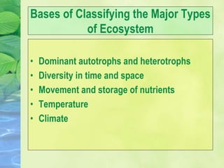 Bases of Classifying the Major Types
of Ecosystem
• Dominant autotrophs and heterotrophs
• Diversity in time and space
• Movement and storage of nutrients
• Temperature
• Climate
 