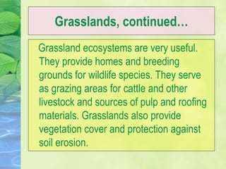 Grasslands, continued…
Grassland ecosystems are very useful.
They provide homes and breeding
grounds for wildlife species. They serve
as grazing areas for cattle and other
livestock and sources of pulp and roofing
materials. Grasslands also provide
vegetation cover and protection against
soil erosion.
 