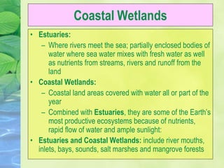 Coastal Wetlands
• Estuaries:
– Where rivers meet the sea; partially enclosed bodies of
water where sea water mixes with fresh water as well
as nutrients from streams, rivers and runoff from the
land
• Coastal Wetlands:
– Coastal land areas covered with water all or part of the
year
– Combined with Estuaries, they are some of the Earth’s
most productive ecosystems because of nutrients,
rapid flow of water and ample sunlight:
• Estuaries and Coastal Wetlands: include river mouths,
inlets, bays, sounds, salt marshes and mangrove forests
 