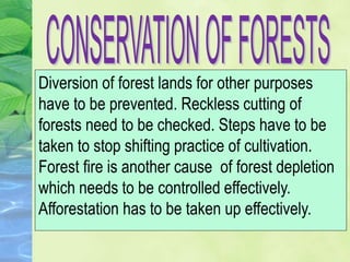 Diversion of forest lands for other purposes
have to be prevented. Reckless cutting of
forests need to be checked. Steps have to be
taken to stop shifting practice of cultivation.
Forest fire is another cause of forest depletion
which needs to be controlled effectively.
Afforestation has to be taken up effectively.
 