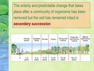 The orderly and predictable change that takes
place after a community of organisms has been
removed but the soil has remained intact is
secondary succession.
 