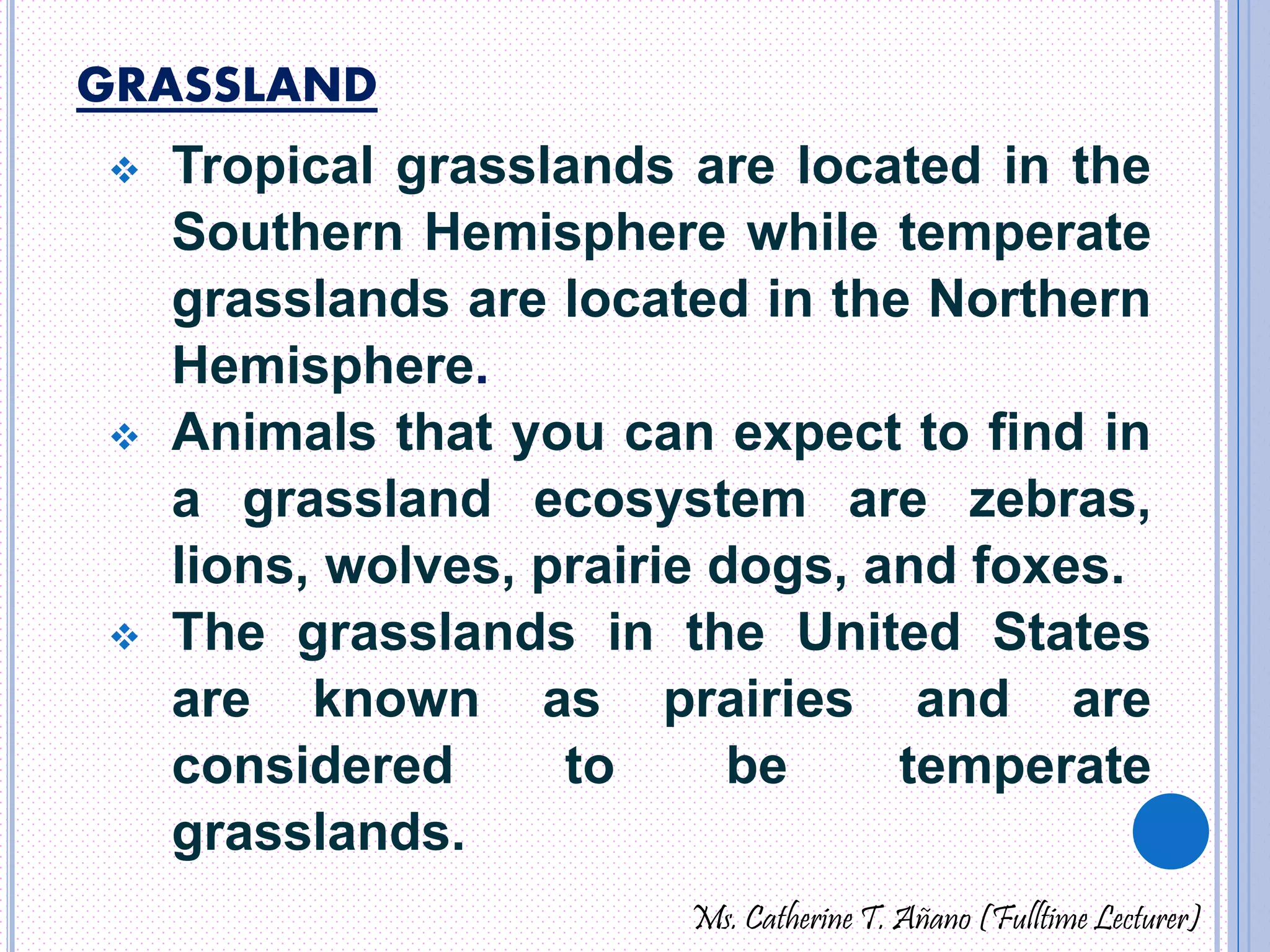 GRASSLAND 
 Tropical grasslands are located in the 
Southern Hemisphere while temperate 
grasslands are located in the Northern 
Hemisphere. 
 Animals that you can expect to find in 
a grassland ecosystem are zebras, 
lions, wolves, prairie dogs, and foxes. 
 The grasslands in the United States 
are known as prairies and are 
considered to be temperate 
grasslands. 
Ms. Catherine T. Añano (Fulltime Lecturer) 
 