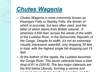 Chutes Wagenia
 Chutes Wagenia is more commonly known as
Kisangani Falls or Stanley Falls, the former of
which is accurate, but less often used, and the
latter of which stems from British colonial . It
stretches 4,500 feet, across the whole of the width
of the Lualaba River, in the Democratic Republic of
the Congo. Despite its width, it’s not an extremely
visually impressive waterfall, only dropping 30 feet
in total, with the highest single fall dropping just 15
feet.
 At the bottom of the rapids, the Lualaba becomes
the Congo River. The seven cataracts have a total
drop of 61 m (200 ft). The two major cataracts are
the first below Ubundu, forming a narrow and
 