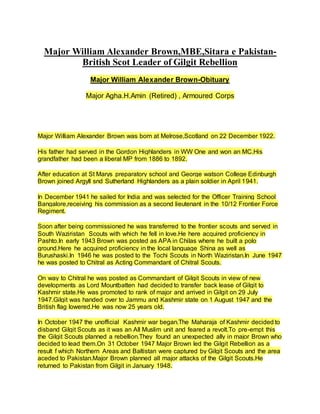 Major William Alexander Brown Mbe Sitara E Pakistan British Scot Lead