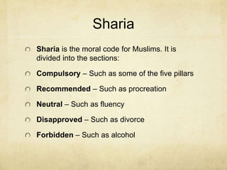 Jihad
Often thought of as the 6th pillar of Islam.
In theological terms it is thought of as an internal
spiritual battle.
They struggle not to commit sin, but sin is a bit
different in Islam.
Shirk is the worst kind of sin. It is the treatment of
anything other than Allah as a god or the belief in
atheism.
Any righteous struggle is a Jihad, but this includes
political and religious warfare.
 