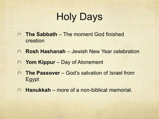 The Western Wall
The Western Wall (or wailing wall) – is the remnants of
the second temple which is revered and protected, is made
up of a medieval overlay atop the original ancient structure.
The Western Wall is a common site for pilgrims and
tourists and is also a location regularly used for the study
of the Torah. Prayers are written on paper and placed into
cracks and between rocks in the wall.
The Western Wall sits below the temple mount. Here there
are two Islamic sites. The most prominent of these is the
Dome of the Rock which sits around the rock that is
supposedly where Abraham was to sacrifice Isaac.
Muslims believe that the rock was a spot from which
Muhammad traveled to heaven. It is also where the Ark of
the Covenant was supposed to have rested.
 