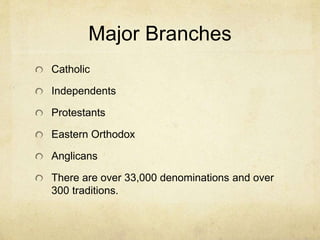 Introduction
Christianity has over 2 billion adherents.
Some have speculated that by 2050 only 1 in 5
Christians will be white. The claim is that the center of
Christianity will have moved to the southern
hemisphere.
African Christianity is growing rapidly in a
phenomenal way. In 1900 there were 10 million
Christians on the continent and by 2000 there were
360 million. David Barrett in the “World Christian
Encyclopedia,” hypothesizes that by 2025 there will
be 633 million.
 