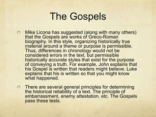 Scriptures
Catholic, Orthodox and Anglican Bibles have
three sections: The Old Testament, The New
Testament and the Inter-Testament.
Protestant Bibles do not include the apocryphal
intertestimental books.
Independent Bibles may have even more extra
books.
The Christian Old Testament has the same
books as the Jewish Bible.
 