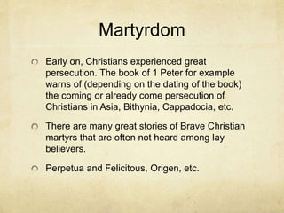 The Expansion of the Early
Church
After the persecution of the church described at
the end of Acts 7, Christians began to spread
throughout the Mediterranean world. Acts 8:4
explains, “Those that were scattered abroad
went everywhere preaching the gospel.” By AD
70 Christianity was a very visible movement.
Comparisons in modern times: Elvis
impersonators or Apple Computers
 