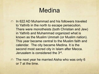 Jesus (Isa)
Jesus was a miracle worker who ascended to
heaven at the end of his life. Jesus was never
crucified.
Islam teaches that Jesus is not the incarnate
God.
He is not a savior.
These were mistakes or additions by later
scribes, according to Islam.
Muslims claim that when Jesus speaks of the
coming comforter, he is referring to Muhammad.
 