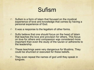 The 12th Imam
Shia Muslims do not accept the first three Imams after
Muhammad to be legitimate. This is because they believe
that, Ali (Muhammad’s cousin and son-in-law), was the
only legitimate Imam to immediately follow Muhammad
since he had familial ties.
The twelve Imam was called Muhammad ibn al-Hasan, and
went missing in 874, but Shias believe he is in a sort of
hibernation and will reappear at the end of time with Jesus.
He will rule for a millennium.
At the time after his disappearance, Shia Muslims began to
follow a group of Muslim scribes and scholars as a
governing body. From among these leaders there emerged
a leader who was known as the “Ayatollah,” meaning, “sign
of god.” They were to continue in power until the return of
the 12th Imam.
 