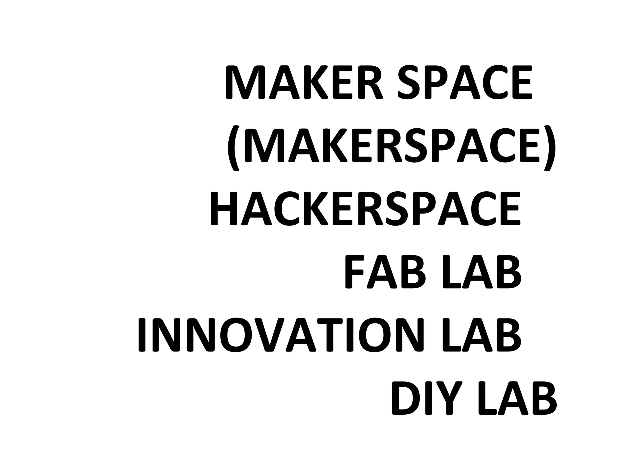 MAKER SPACE
(MAKERSPACE)
HACKERSPACE
FAB LAB
INNOVATION LAB
DIY LAB
 