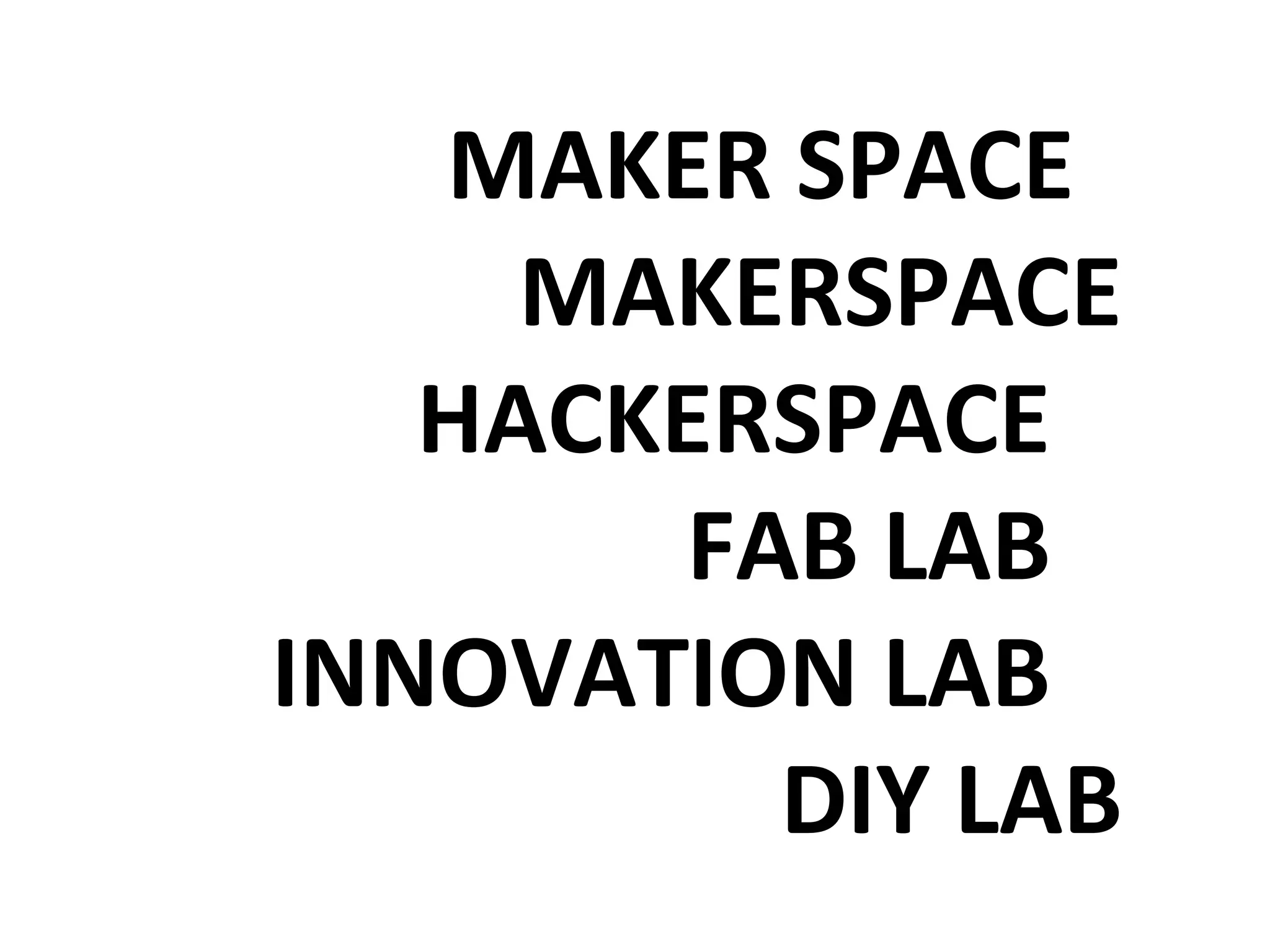 MAKER SPACE
MAKERSPACE
HACKERSPACE
FAB LAB
INNOVATION LAB
DIY LAB
 
