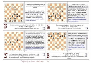 U dvoboju mladih prvaka, na ploči je
nastala blokadna pozicija Francuske
obrane.
Kako crni dalje treba nastaviti? a) c:d4 b) Sa5 c) Dc8 d) c4
e) Dc7 f) Tb8 g) Le7 h) Tc8
Kako ocjenjuješ ovu poziciju? Što bi radije bio?
Što crni ovdje treba igrati? a) b:c3 b) Sa5 c) g5 d) Db7
e) Da5 f) c:b3 g) Sa7 h) Db6
Kako ocjenjuješ ovu poziciju? Što bi radije bio?
Crni je strpljivom igrom i udruženim pritiskom po b-liniji
slomio otpor svog mlađeg protivnika. Osvojen je kvalitet
za pješaka. Pronađi sigurnu realizaciju prednosti.
a) 0-0 b) D:a5 c) d5 d) c5
e) Tc1 f) g3 g) Td1 h) Ld3
O ovom prijelazu u središnjicu puno toga ovisi. Dobro promisli prije
odluke.
 