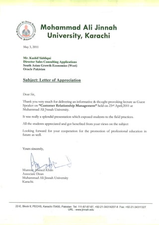 Letter of Appreciation for Lecture