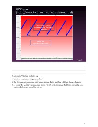 7
„Normaler“ Garbage Collector log
http://www.tagtraum.com/gcviewer.html
Der Speicherverbrauchstrend zeigt keinen Anstieg. Daher liegt hier wohl kein Memory Leak vor
Je kleiner der Speicherverbrauch nach einem Full GC ist desto weniger Full GC‘s müssen bei sonst
gleichen Bedinungen ausgeführt werden
 