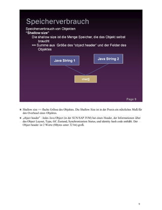 9
Shallow size == flache Grösse des Objektes. Die Shallow Size ist in der Praxis ein nützliches Maß für
den Overhead eines Objektes.
„object header“ : Jedes Java Object (in der SUN/SAP JVM) hat einen Header, der Informationen über
das Object Layout, Type, GC Zustand, Synchronization Status, und identity hash code enthält. Der
Object header ist 2 Worte (8Bytes unter 32 bit) groß.
 