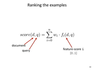 Ranking	
  the	
  examples




document
      query                       feature-­‐score	
  i
                                       [0..1]



                                                         63
 