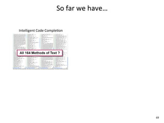 So	
  far	
  we	
  have…

Intelligent	
  Code	
  CompleEon




                                                      69
 