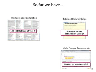 So	
  far	
  we	
  have…

Intelligent	
  Code	
  CompleEon                      Extended	
  DocumentaEon




                                                      Code	
  Example	
  Recommender




                                                       How	
  do	
  I	
  get	
  an	
  instance	
  of…?

                                                                                                         69
 