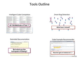 Tools	
  Outline

Intelligent	
  Code	
  CompleEon                    Smart	
  Bug	
  DetecEon




                                                          What	
  have	
  I	
  missed?




 Extended	
  DocumentaEon                        Code	
  Example	
  Recommender




                                                  How	
  do	
  I	
  get	
  an	
  instance	
  of…?

                                                                                                    20
 