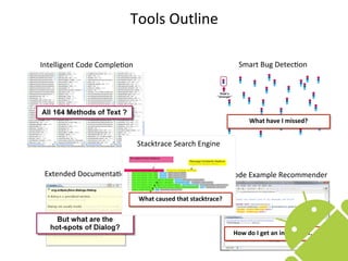 Tools	
  Outline

Intelligent	
  Code	
  CompleEon                                              Smart	
  Bug	
  DetecEon




                                                                                    What	
  have	
  I	
  missed?


                                   Stacktrace	
  Search	
  Engine


 Extended	
  DocumentaEon                                                  Code	
  Example	
  Recommender

                                   What	
  caused	
  that	
  stacktrace?




                                                                            How	
  do	
  I	
  get	
  an	
  instance	
  of…?

                                                                                                                              20
 