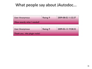 What	
  people	
  say	
  about	
  JAutodoc...

User: Anonymous                   Rating: 9   2009-08-02 11:32:37

Wow exactly what I needed!


User: Anonymous                   Rating: 9   2009-02-13 19:58:32

Thank you... this plugin rocks!




                                                                    36
 