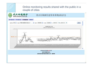 Online monitoring results shared with the public in a
couple of cities
 