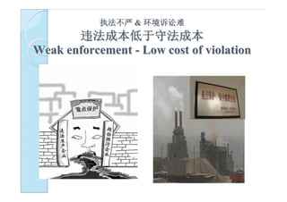 执法不严 & 环境诉讼难
       违法成本低于守法成本
Weak enforcement - Low cost of violation
 