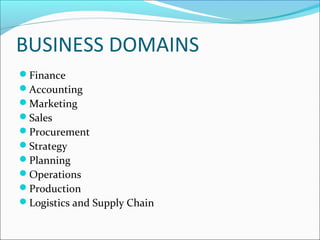 BUSINESS DOMAINS
Finance
Accounting
Marketing
Sales
Procurement
Strategy
Planning
Operations
Production
Logistics and Supply Chain
 