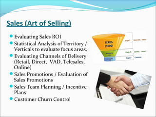 Sales (Art of Selling)
Evaluating Sales ROI
Statistical Analysis of Territory /
Verticals to evaluate focus areas.
Evaluating Channels of Delivery
(Retail, Direct, VAD, Telesales,
Online)
Sales Promotions / Evaluation of
Sales Promotions
Sales Team Planning / Incentive
Plans
Customer Churn Control
 