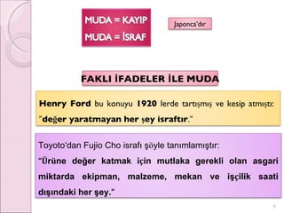 Toyoto ’ dan Fujio Cho israfı ş ö yle tanımlamıştır:  “ Ü r ü ne değer katmak i ç in mutlaka gerekli olan asgari miktarda ekipman, malzeme, mekan ve iş ç ilik saati dışındaki her şey. ” Henry Ford  bu konuyu  1920  lerde tartışmış ve kesip atmıştı:  ” değer yaratmayan her şey israftır . ” Japonca’dır FAKLI İFADELER İLE MUDA 