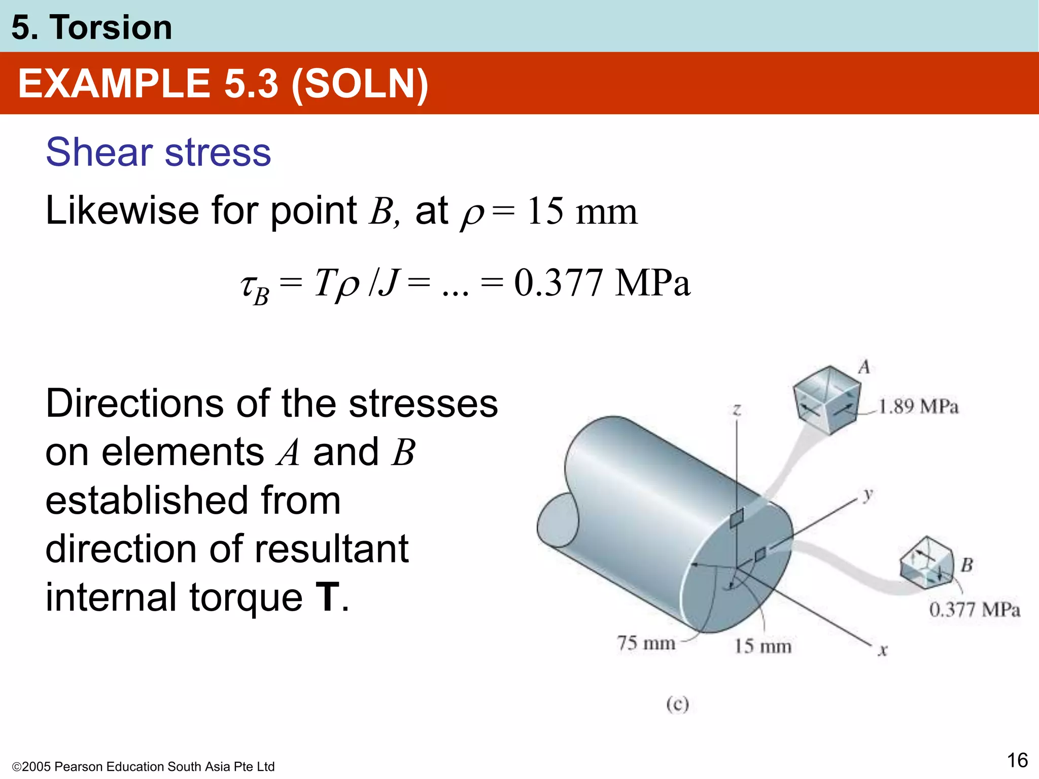 2005 Pearson Education South Asia Pte Ltd
5. Torsion
16
EXAMPLE 5.3 (SOLN)
Shear stress
Likewise for point B, at  = 15 mm
B = T /J = ... = 0.377 MPa
Directions of the stresses
on elements A and B
established from
direction of resultant
internal torque T.
 