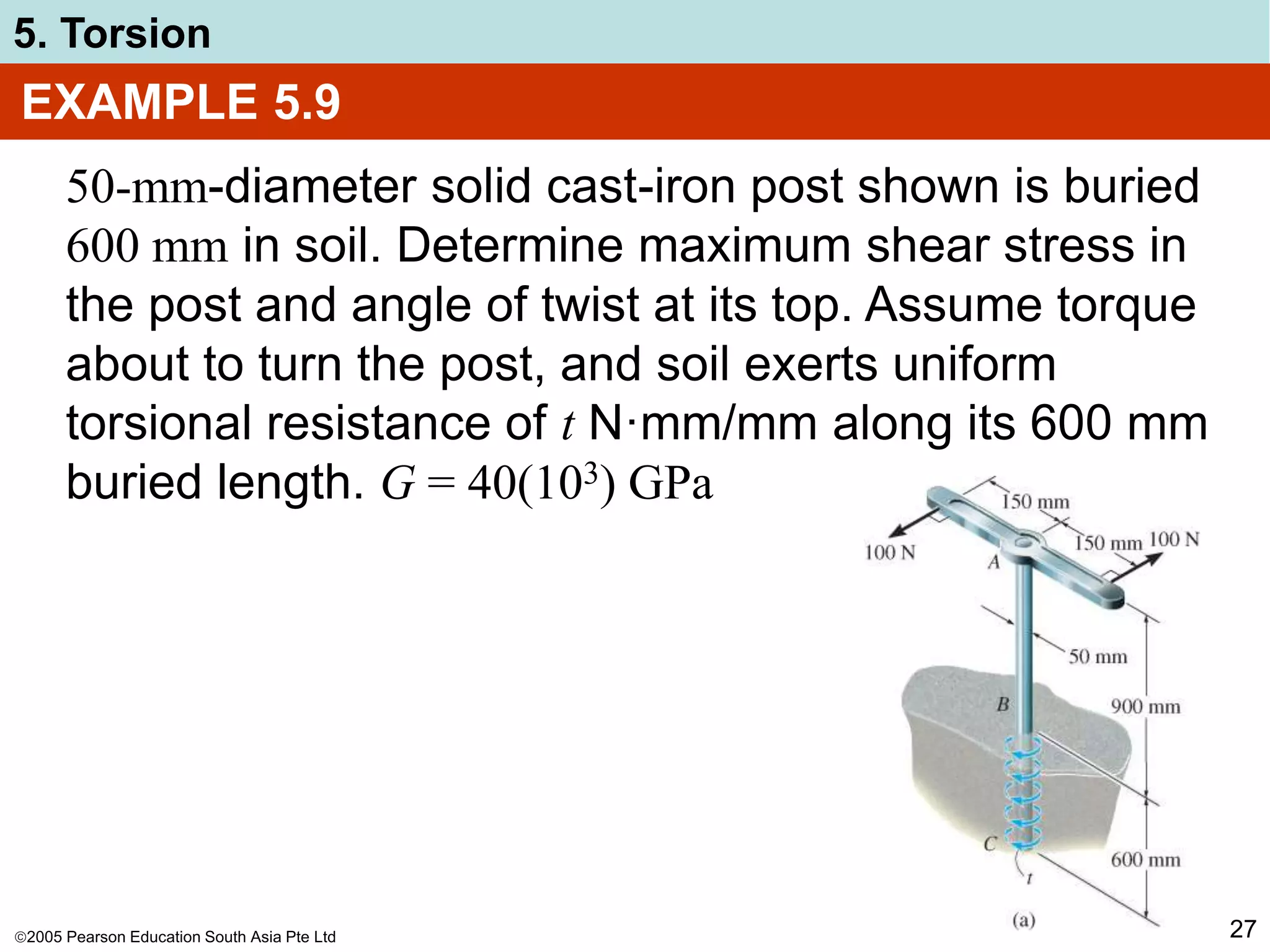 2005 Pearson Education South Asia Pte Ltd
5. Torsion
27
EXAMPLE 5.9
50-mm-diameter solid cast-iron post shown is buried
600 mm in soil. Determine maximum shear stress in
the post and angle of twist at its top. Assume torque
about to turn the post, and soil exerts uniform
torsional resistance of t N·mm/mm along its 600 mm
buried length. G = 40(103) GPa
 
