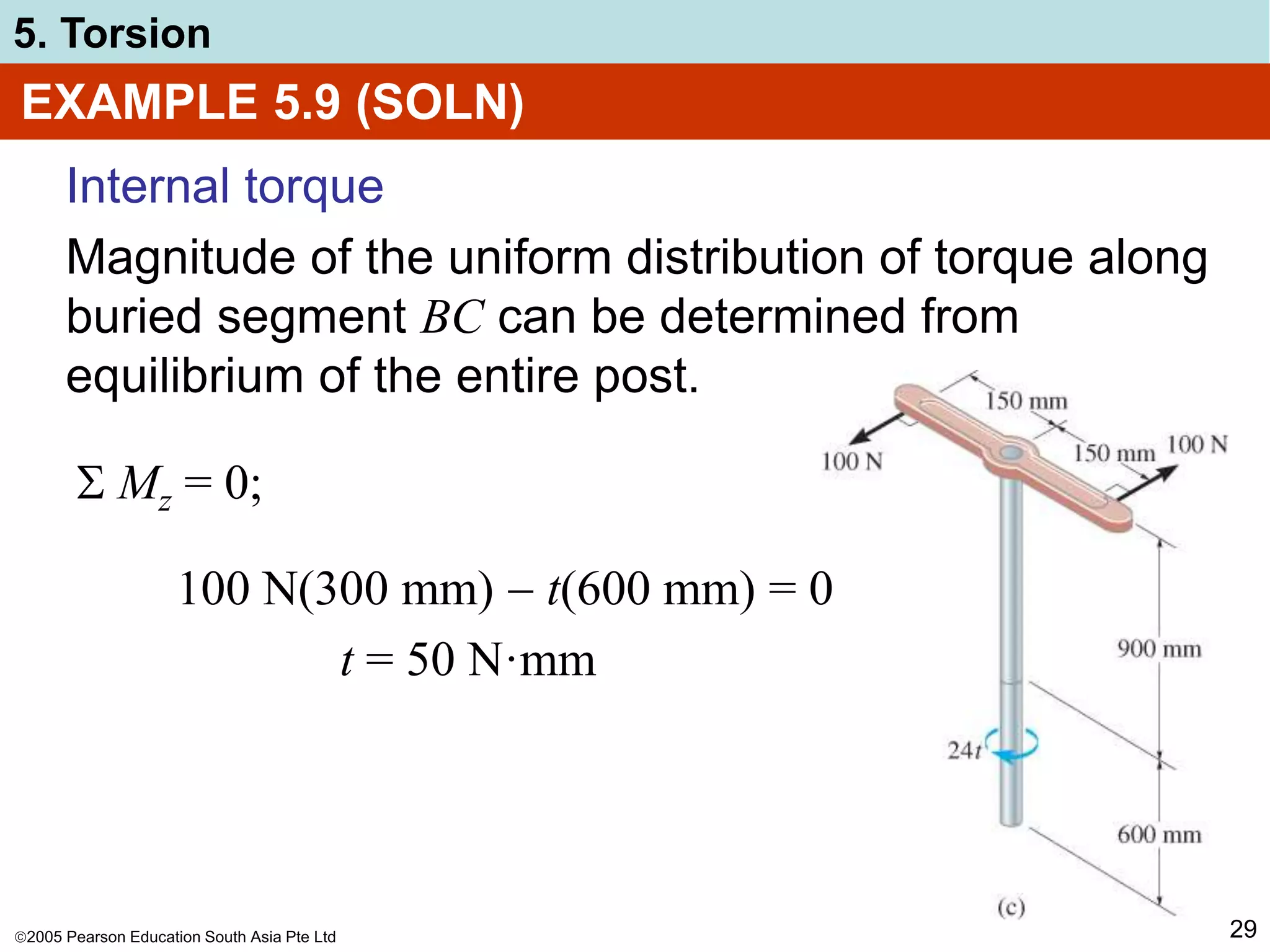 2005 Pearson Education South Asia Pte Ltd
5. Torsion
29
EXAMPLE 5.9 (SOLN)
Internal torque
Magnitude of the uniform distribution of torque along
buried segment BC can be determined from
equilibrium of the entire post.
 Mz = 0;
100 N(300 mm)  t(600 mm) = 0
t = 50 N·mm
 