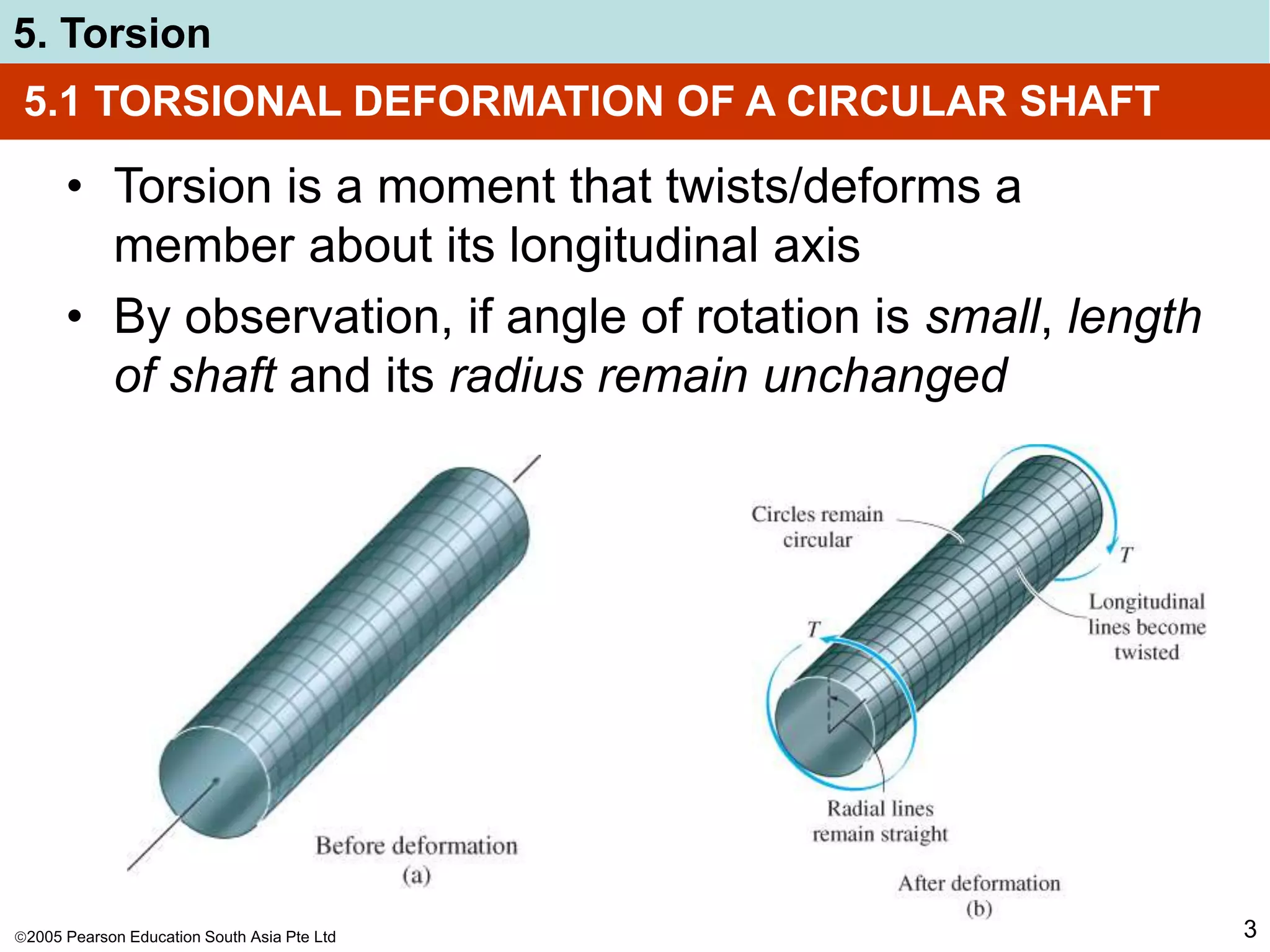 2005 Pearson Education South Asia Pte Ltd
5. Torsion
3
• Torsion is a moment that twists/deforms a
member about its longitudinal axis
• By observation, if angle of rotation is small, length
of shaft and its radius remain unchanged
5.1 TORSIONAL DEFORMATION OF A CIRCULAR SHAFT
 