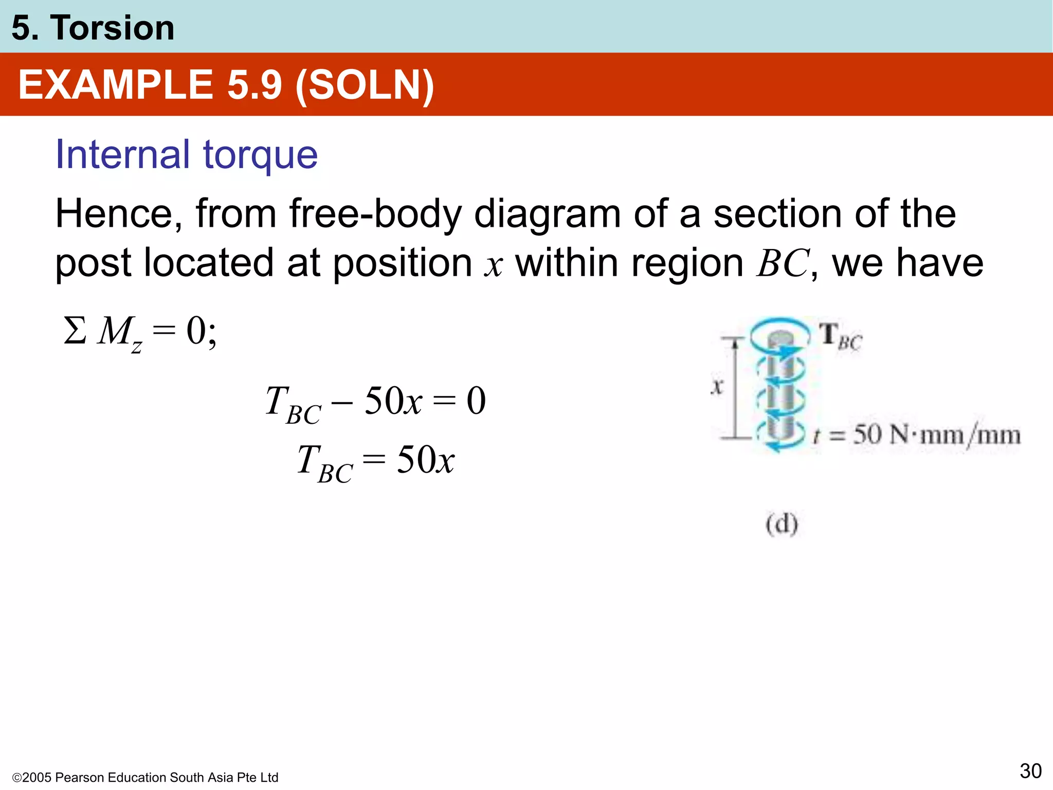 2005 Pearson Education South Asia Pte Ltd
5. Torsion
30
EXAMPLE 5.9 (SOLN)
Internal torque
Hence, from free-body diagram of a section of the
post located at position x within region BC, we have
 Mz = 0;
TBC  50x = 0
TBC = 50x
 