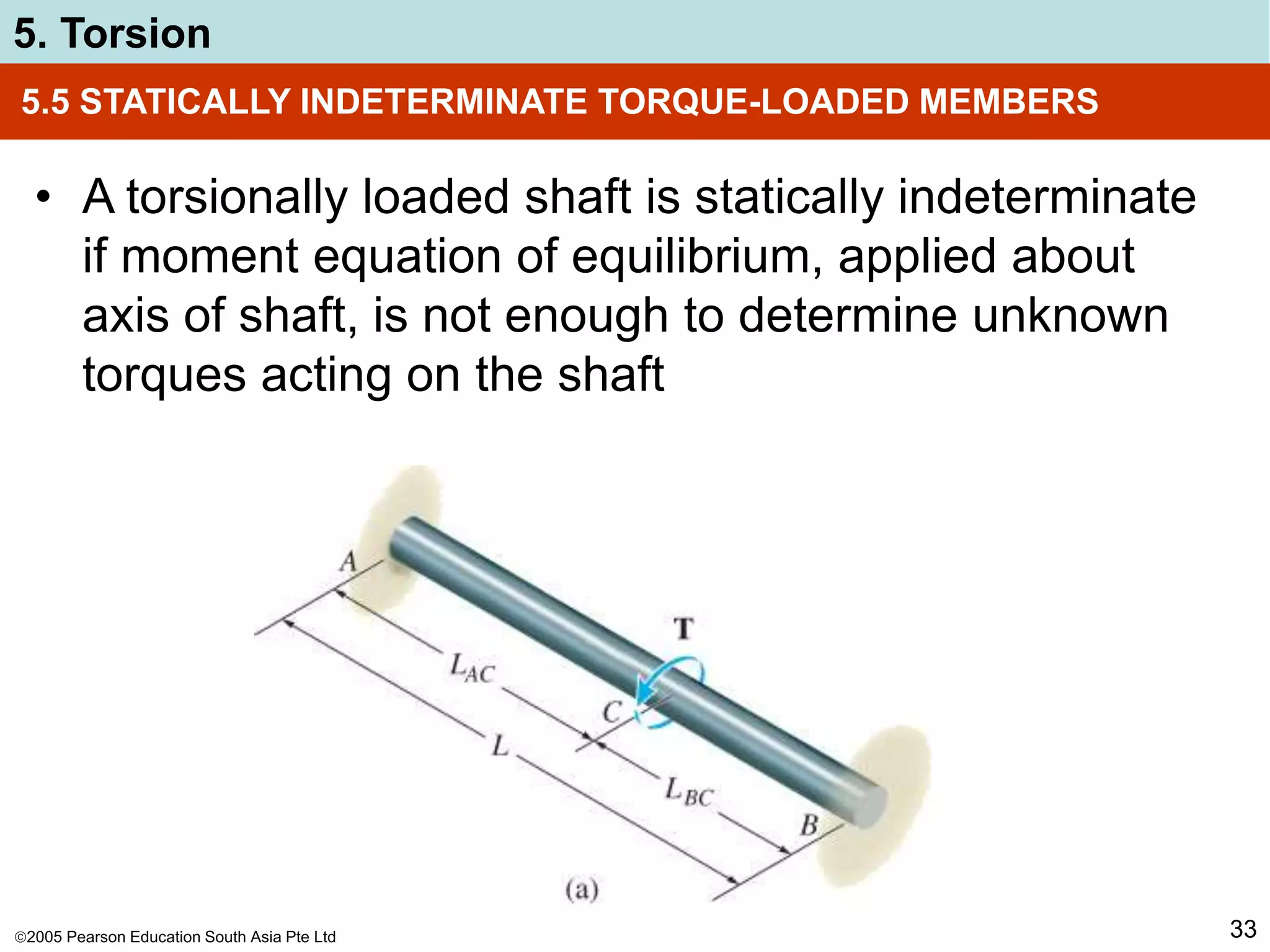 2005 Pearson Education South Asia Pte Ltd
5. Torsion
33
5.5 STATICALLY INDETERMINATE TORQUE-LOADED MEMBERS
• A torsionally loaded shaft is statically indeterminate
if moment equation of equilibrium, applied about
axis of shaft, is not enough to determine unknown
torques acting on the shaft
 