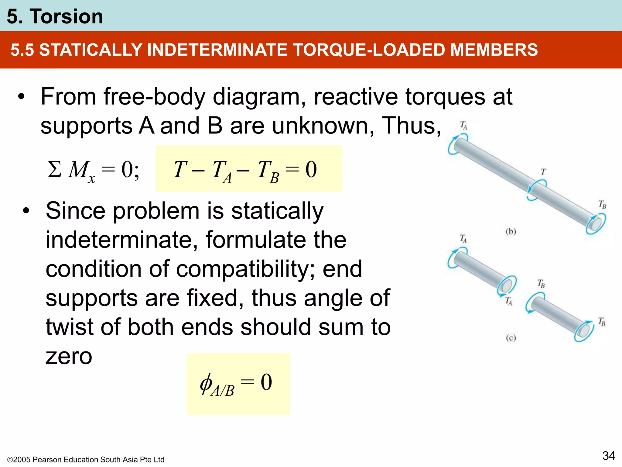 2005 Pearson Education South Asia Pte Ltd
5. Torsion
34
5.5 STATICALLY INDETERMINATE TORQUE-LOADED MEMBERS
• From free-body diagram, reactive torques at
supports A and B are unknown, Thus,
 Mx = 0; T  TA  TB = 0
• Since problem is statically
indeterminate, formulate the
condition of compatibility; end
supports are fixed, thus angle of
twist of both ends should sum to
zero
A/B = 0
 
